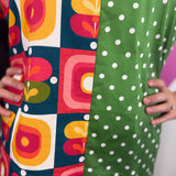 Green Mixed Print Colorblock Midi Dress