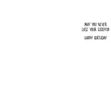 The inside of a birthday card that says May you never lose your giddyup. Happy Birthday. 