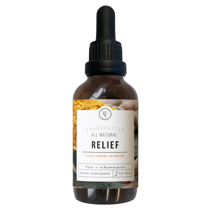 A bottle of Rowe Casa Relief Supplement, 2 oz size, with a dropper, labeled for pain and inflammation relief with organic ingredients.