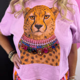 Jewel Collared Cheetah Rose Cropped Tee