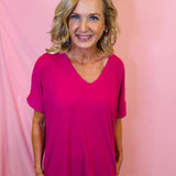 Magenta Rolled Sleeve V-Neck Top