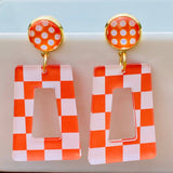 Checkered & Polka Dot Earrings - Orange/White
