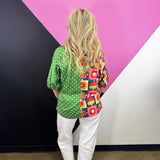 Green Mixed Print Colorblock Top