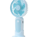 Portable rechargeable handheld fan with stand and three speed settings.