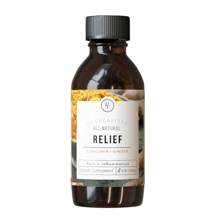 A bottle of Rowe Casa Relief Supplement, 4 oz size, labeled for pain and inflammation relief with organic ingredients.