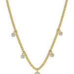 Gold beaded necklace with graduated crystal circle charms, water-resistant, adjustable 16"-18".
