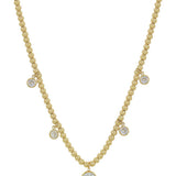 Gold beaded necklace with graduated crystal circle charms, water-resistant, adjustable 16"-18".