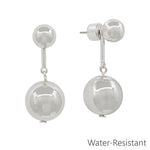 Water-resistant silver drop earrings with sleek bar and 7MM ball design.