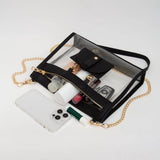 Clear crossbody bag with black trim, gold hardware, and a detachable sunglasses holder—fun, functional, and stadium-approved.