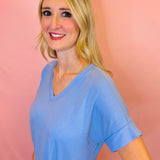 Spring Blue Rolled Sleeve V-Neck Top