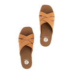 Overhead view of the CLEVER sandal displaying the woven faux leather straps, square toe shape, and cushioned insole.