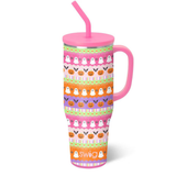 Swig Trick or Treat Mega Mug 40oz with jack-o’-lanterns, ghosts, spiders, bats, and candy corn, comfort-grip handle, XL straw lid, and silicone flexi-tip straw.