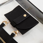 Clear crossbody bag with black trim, gold hardware, and a detachable sunglasses holder—fun, functional, and stadium-approved.