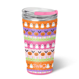 Swig Trick or Treat Party Cup 24oz with whimsical jack-o’-lanterns, ghosts, spiders, bats, and candy corn, XL EZ Slider Lid.