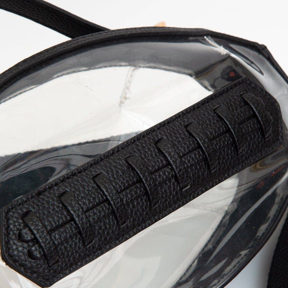 Football stitching on clear football-shaped crossbody bag with black trim