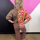 Brown Mixed Print Colorblock Top