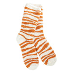 A pair of plush, soft crew socks featuring a bold tiger stripe pattern in amber and white.