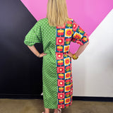 Green Mixed Print Colorblock Midi Dress