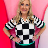Black Check Collared Sweater Top