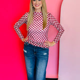 Maroon & White Checkered Mesh Top