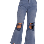 Blackberry colored washed cropped jeans with distressed knees and raw hem