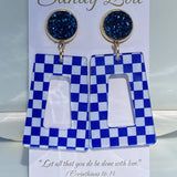 Blue & White Checkered Drop Earrings