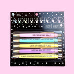 Funny adulthood pen set with relatable adulting sayings and black ink pens.