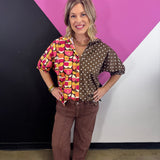 Brown Mixed Print Colorblock Top