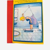 Funny cartoon greeting card with humorous bathroom scale joke.