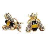 Gold bee stud earrings with yellow enamel and rhinestones.