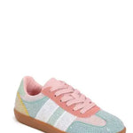 Lennon colorblock sneaker in coral, teal, mint, and yellow with rhinestone accents and lace-up design