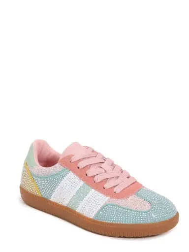 Lennon colorblock sneaker in coral, teal, mint, and yellow with rhinestone accents and lace-up design