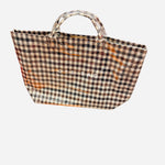 Black brown and white checkered tote bag with structured design and large capacity