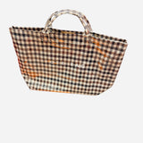 Black brown and white checkered tote bag with structured design and large capacity