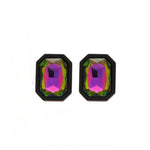 Black iridescent rectangle stud earrings with faux rhinestone set in black acrylic.