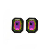 Black iridescent rectangle stud earrings with faux rhinestone set in black acrylic.