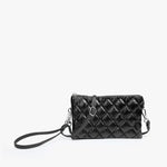Black puffer crossbody bag with multiple compartments and adjustable strap in nylon