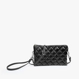 Black puffer crossbody bag with multiple compartments and adjustable strap in nylon