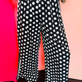 Black and White Contrast Polka Dot Wide Leg Pants with lace trim, side panel detail, and elastic waistband.