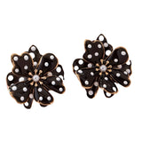 Black and white polka dot flower earrings with gold setting and pearl center detail.
