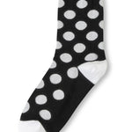 Black polka dot socks with white heel and toe accents.