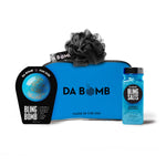 Bling Bath Bomb Gift Set with blue fizzer, loofah, salts, and blueberry lemongrass fragrance.