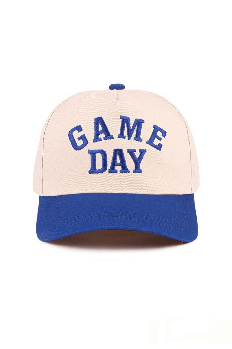 Cream and royal blue Game Day baseball cap with raised embroidered lettering