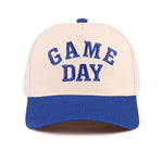 Cream and royal blue Game Day baseball cap with raised embroidered lettering