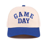 Cream and royal blue Game Day baseball cap with raised embroidered lettering
