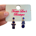Navy blue and gold geometric mosaic earrings with mixed shapes and lightweight design.