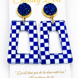 Blue and white checkered geometric drop earrings with sparkling blue druzy-style studs.