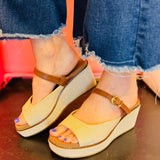 Corky's bourbon wedge sandals with textured strap and gold buckle ankle strap.
