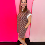 Brown and white striped tee dress with contrast neckline and cap sleeves