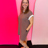 Brown and white striped tee dress with contrast neckline and cap sleeves